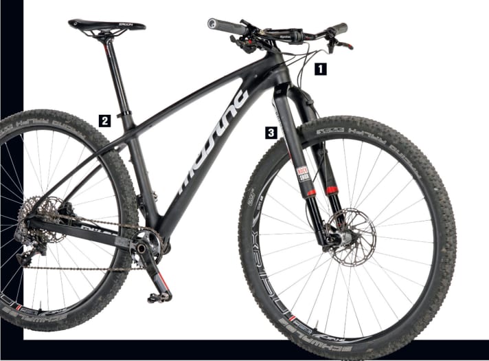   1. beautiful and flat: The Syntace cockpit puts the rider in a sporty position.     2. nice and flat: the stiff top tube and the filigree "leaf spring" seat tubes flow nicely into each other below the seat post clamp.    3. nice, but narrow: there's hardly any room for mud and fat tyres in the narrow rear triangle. A pity, really.