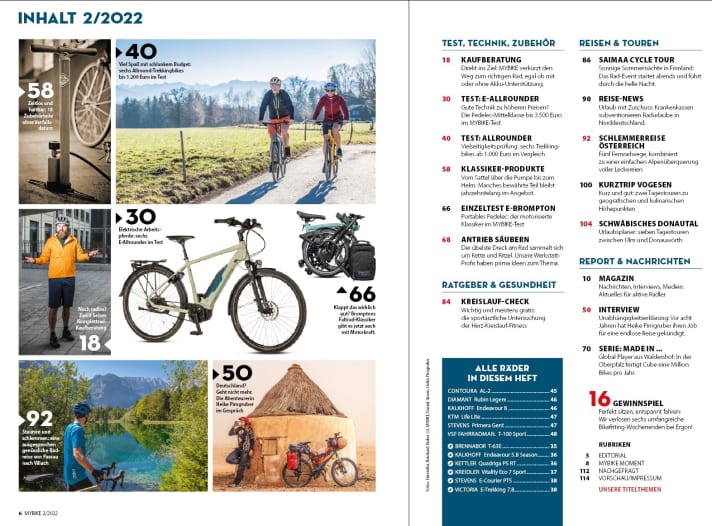 Contents: Mid-range e-bikes up to 3500 euros & trekking bikes from 1000 euros in the test - plus over 12 pages of complete bike buying advice - now in MYBIKE 2/2022.