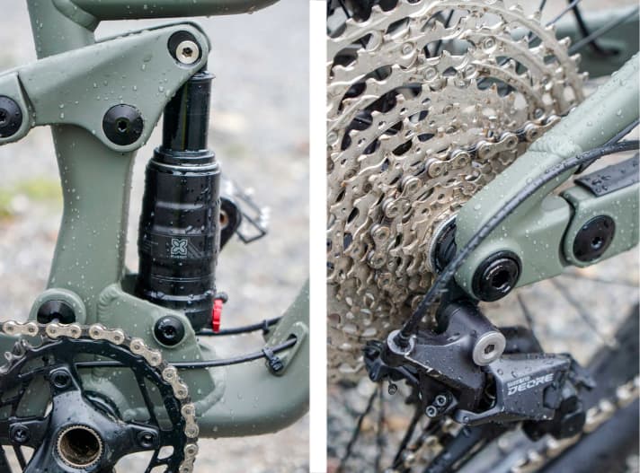 There's nothing to complain about the Scott Ransom's equipment: 02ProKids-Tuned shock (left) and Shimano Deore gears