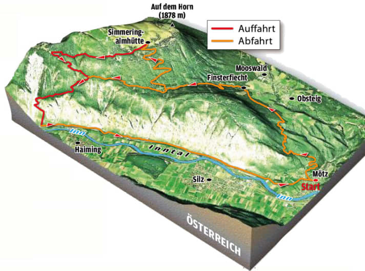   The tour overview of the Supertrail over the gravel tracks in the Inn Valley.