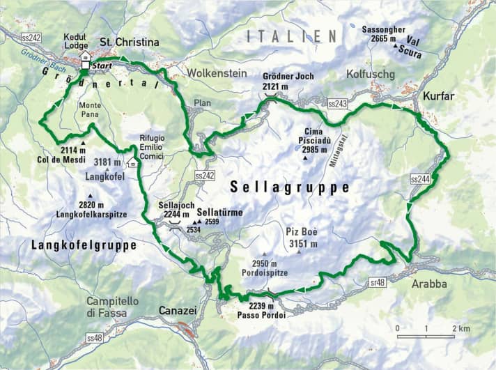 The legendary Sella Ronda by e-mountainbike. Here is the overview map.
