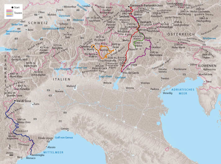   Die fünf neuen MTB-Transalp-Routen auf der Übersichtskarte.