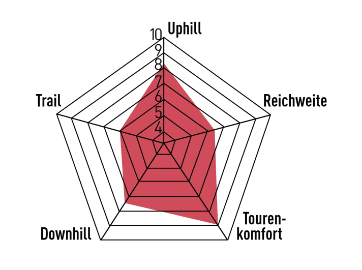 Compared to the high-end class, the E-Expl has to make concessions in terms of riding dynamics. However, the bike also performs well off-road. Very uncomplicated comfort character.