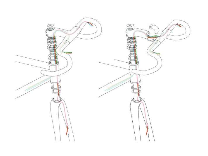 iIntegration : Le croquis montre le système de guidon Enve. À gauche, la version entièrement intégrée que conduit Tadej Pogačar, à droite, la solution partiellement intégrée en deux parties, plus facilement adaptable.