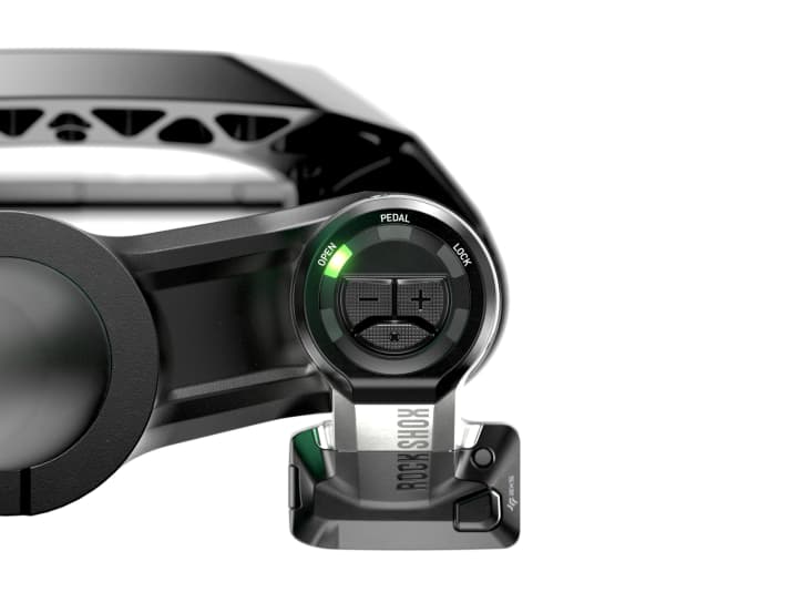 Coloured LEDs on the fork crown indicate which of the three modes the electronic control of the Rockshox Flight Attendant suspension is in.