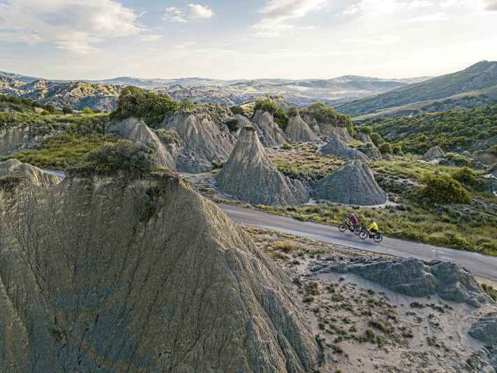 Weathering has shaped the bizarre rocky peaks and gorges of the Calanchi. Film set for "The Passion of
Passion of Christ".