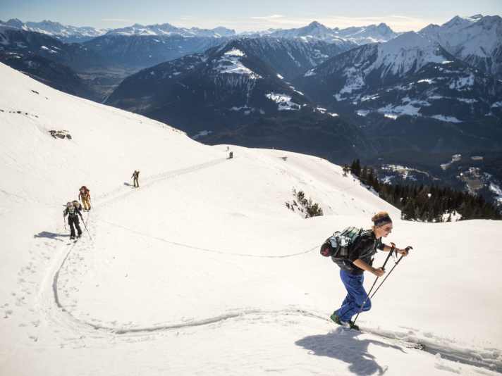 Biking would be difficult here. Enduro pro Ines Thoma tracks a ski tour route for her group.