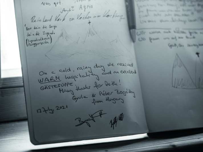 International guests express their thanks in the hut guestbook.