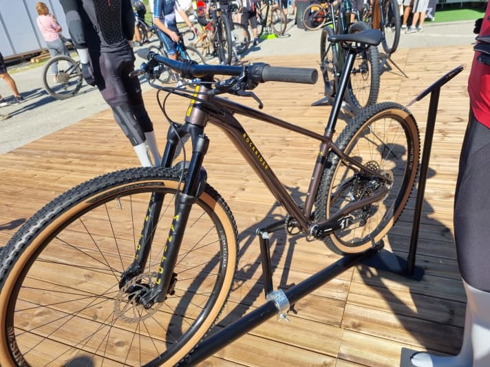The Rockrider Race 720 hardtail in the sunshine at the Decathlon stand.