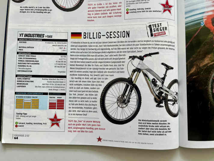 Der Test des ersten YT Tues in FREERIDE 2/10: Die Headline “Billig-Session” nahm Bezug auf den Testsieger des Vorjahres Trek Session.