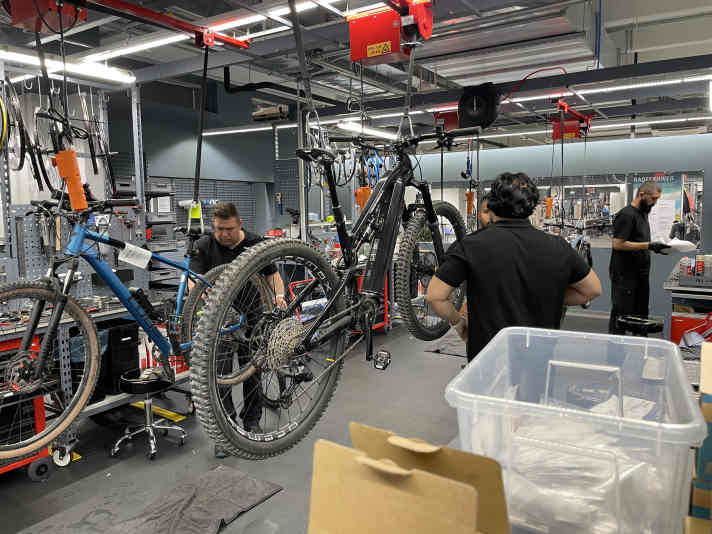 Und da hängt das E-Bike am Haken. Zusammen mit allen möglichen Bikes - auch solche, die Decathlon nicht selbst verkauft hat.