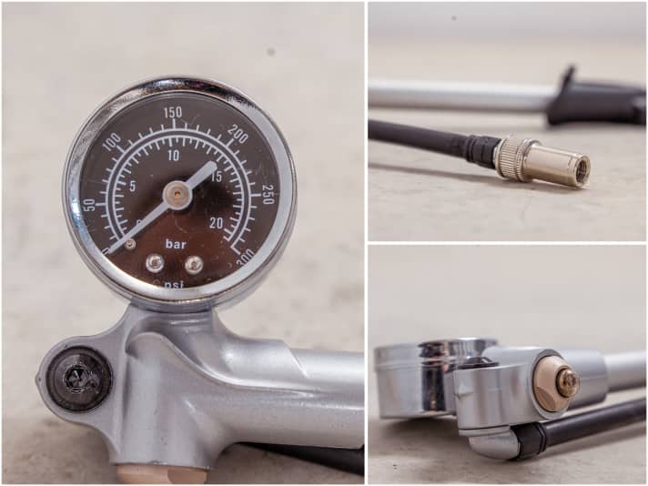 The pressure gauge is quite small but has a clear design, the pressure release button under the pressure gauge is not optimally positioned. The long valve head allows you to reach almost any valve. There is no activation function
