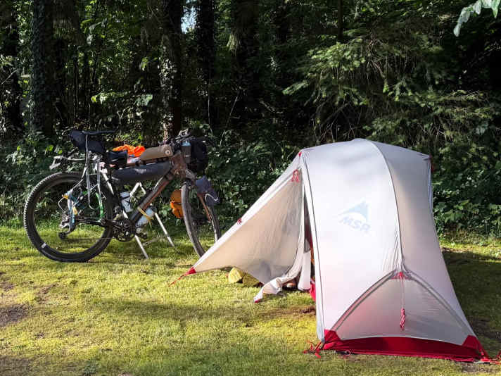 Using the "1 Nite Tent" app, homeowners offer their gardens as a place to pitch a tent.  Markus' first place to sleep in Germany.