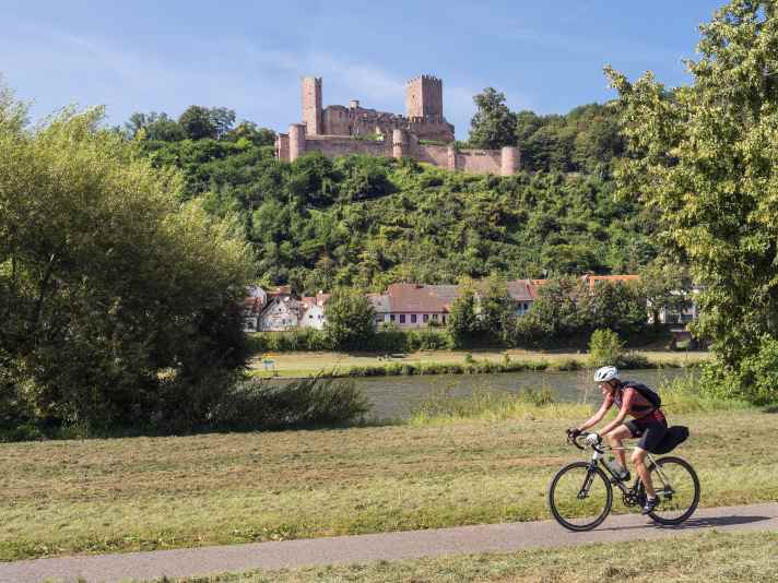Gemütliches Sightseeing: Der Main-Radweg rollt quasi steigungsfrei an den wichtigsten Sehenswürdigkeiten vorbei. Wie hier bei Stadtprozelten an der Henneburg.