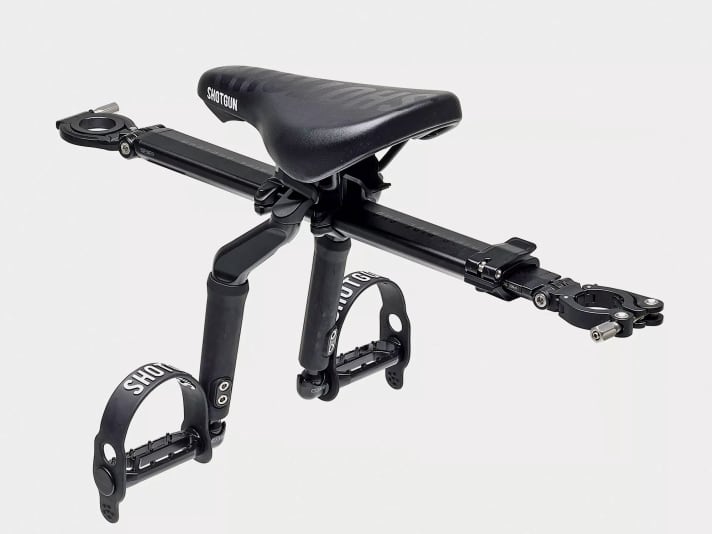 Shotgun Pro child seat: quick to fit, fits most bikes, even over wide tubes, but offers slightly less support. 1912 grams, 220 euros.  <a href="https://kidsrideshotgun.de/" target="_blank" rel="noopener noreferrer nofollow">More info-></a>