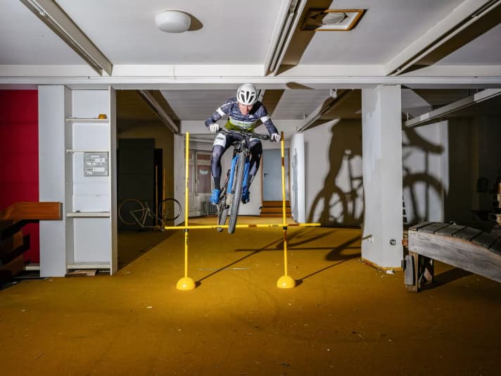 Dennis hones his riding technique on the upper floor of the old Schlecker supermarket.  