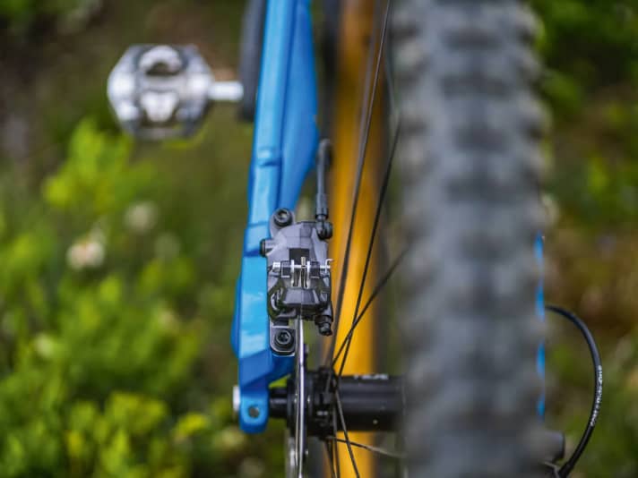 Before the test, the brake hose of the Cube protruded into the spokes. Once we had dismantled the brake calliper, rotated it and screwed it back on, the problem was solved.