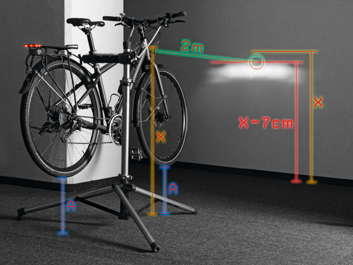 Messen Sie am Scheinwerfer die Höhe der Oberkante des Lichtaustritts und tragen Sie den Wert (X) an der Wand ab. In zwei Metern Abstand soll die waagerechte Hell-Dunkel-Grenze des Leuchtfelds mindestens sieben Zentimeter unterhalb dieser Markierung liegen. Liegt sie gleichauf oder höher, blendet das Licht.
