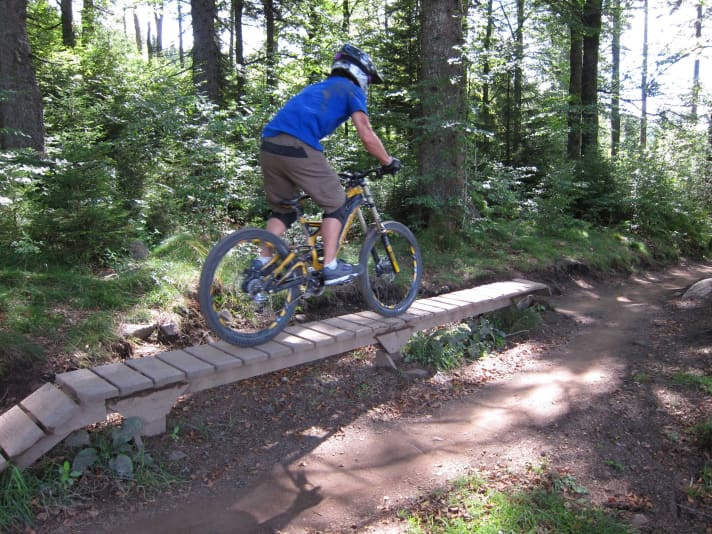     Entertainment: Even on the easy trails, small wooden gimmicks such as this balance beam provide entertainment.