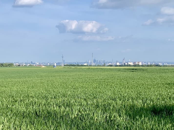 Auf den letzten Kilometern der Königsetappe mit Blick auf die Skyline von Frankfurt.
