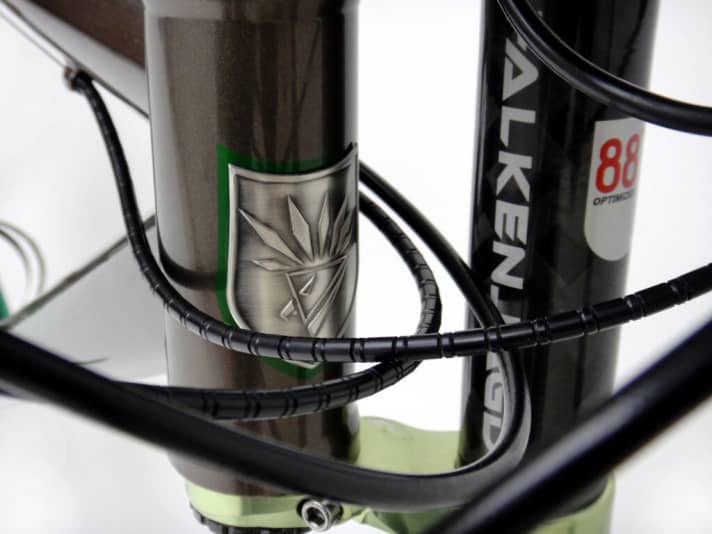   Seht her: Der Sticker identifiziert die gepimpte Gabel. Das Falkenjagd-Emblem ist zart im Team-Grün umrandet. Nur die Farbe der Gabelbrücke kommt dagegen etwas blass daher.