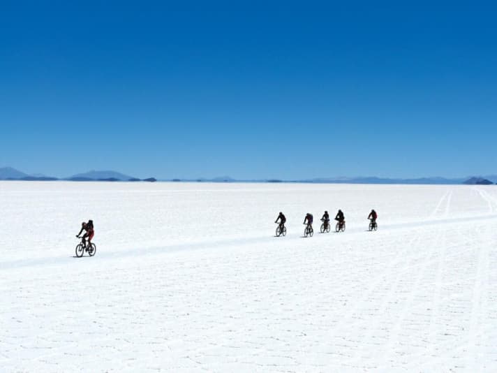   On the Andes Trail, you cross kilometres of salt lakes by bike.