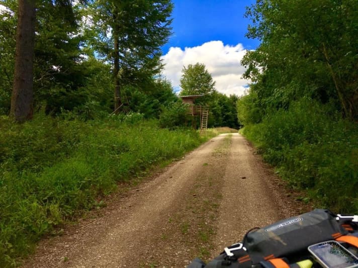   After that, there weren't many more trail kilometres until Neuburg an der Donau. However, in the forests, like here near Pöttmes, I felt I saw more high seats than fast food restaurants in Munich. On the next stage from Neuburg, I will be accompanied by a member of the Racepiraten biker group. They know where the best trails are. Rudi doesn't want to miss out on that either. He will also be travelling with me :-)
