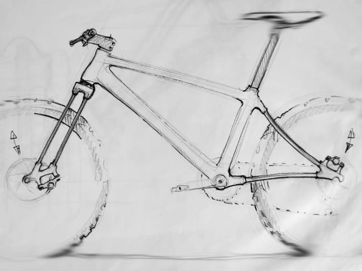   Trend "zurück" zu simpler Technik: Lutz Scheffer denkt bei der Mountainbike-Entwicklung gerne auch an Alt-Bewährtes, das seiner Meinung nach mit neuen Materialien oder neuen Ansätzen modern interpretiert werden sollte. Hier ein vollgefedertes Mountainbike ohne komplizierte Feder-Dämpfer-Technik.