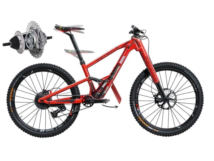   The Rotwild study by Lutz Schefffer: The damper sits on the inside and reacts automatically to the riding situation and surface. The saddle tilts into the optimum position depending on the gradient. The combination of 8-speed sprocket and 2-speed gear hub provides ample drive range.