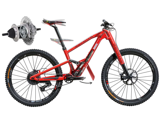   Ingenious down to the smallest detail: The shock is located on the inside and reacts automatically to the riding situation and surface, while the saddle tilts to the optimum position depending on the gradient. Clever: The combination of 8-speed sprocket and 2-speed gear hub.