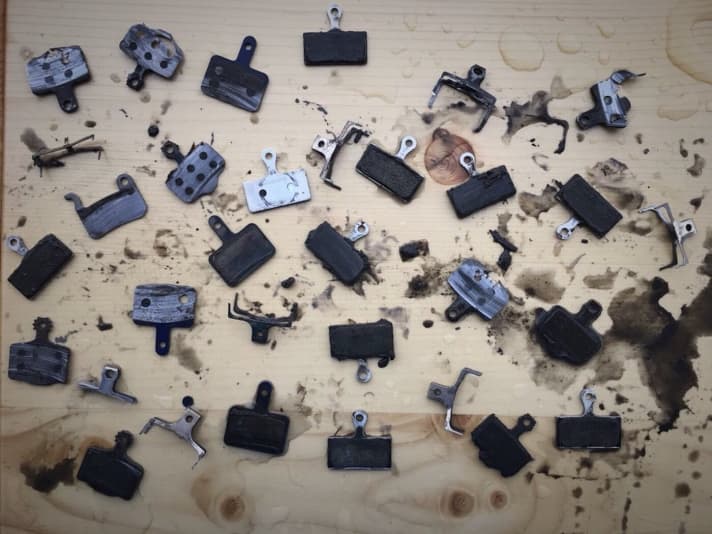   The victims of the mud and rain battle: worn brake pads.