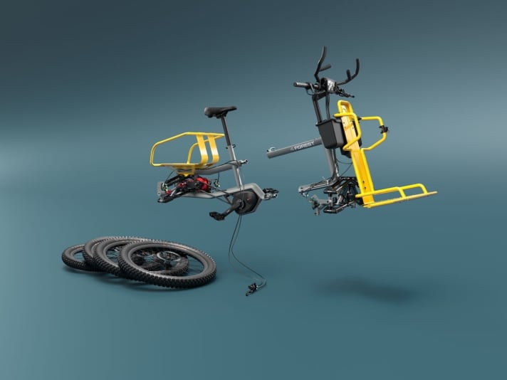   Dank einer einfachen Rahmenteilung, versenkbarer Lenkstange und leicht abnehmbarer Laufräder lässt sich das Offroad-Lastenbike auch einmal schnell verstauen.