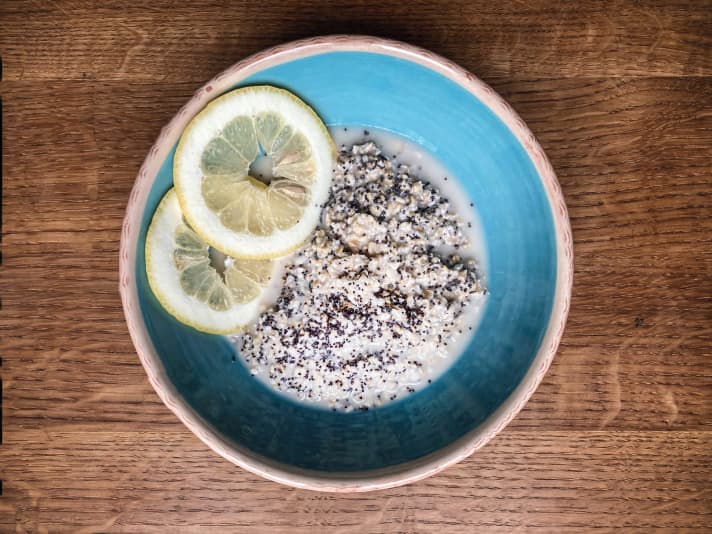   Cooked oatmeal with poppy seeds and lemon