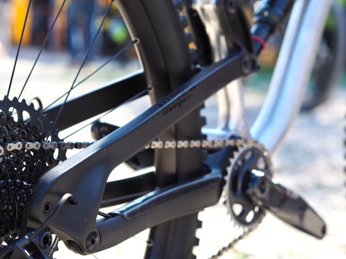   The rocker and rear triangle are made of carbon. Details such as the cable routing to the rear derailleur show the attention to detail that has gone into this enduro bike.