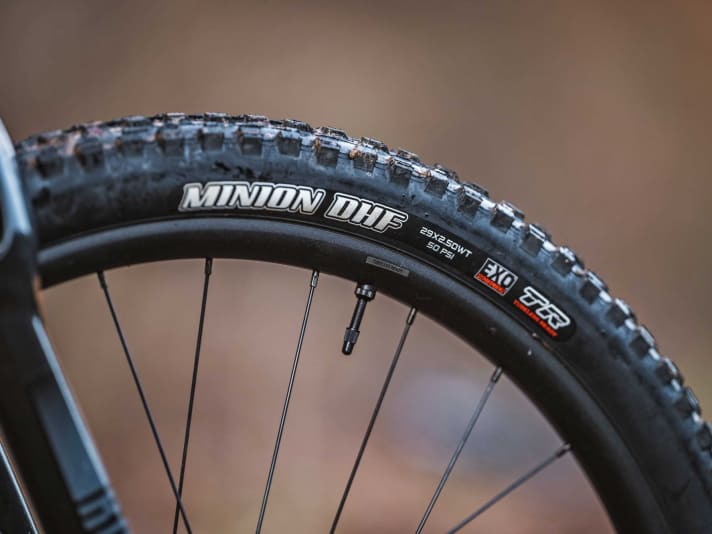 Giant is the only manufacturer in the test to deliver its bike tubeless. The wide Maxxis Minion DHF at the front in particular offers a lot of grip.