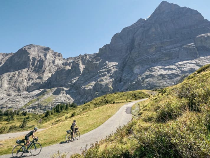 The north face of the Eiger rises 1800 metres into the sky above the last hairpin bends to Kleine Scheidegg - up to almost 4000 metres.