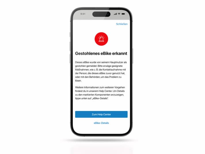 L'application eBike Flow informe immédiatement les utilisateurs* lorsqu'ils tentent de se connecter à un vélo électrique marqué comme volé - la connexion n'est plus possible.