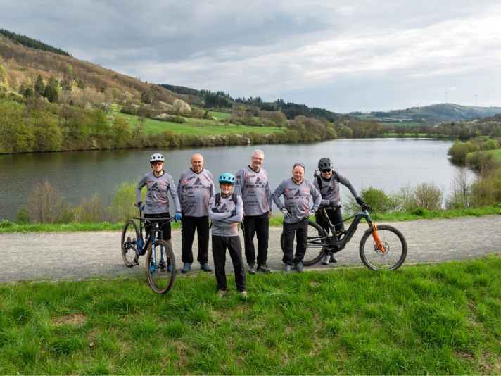 Die Hinterländer Mountainbiker heute. Jörg, Siegfried, Matthias, Gerhard, Uli und Harald.