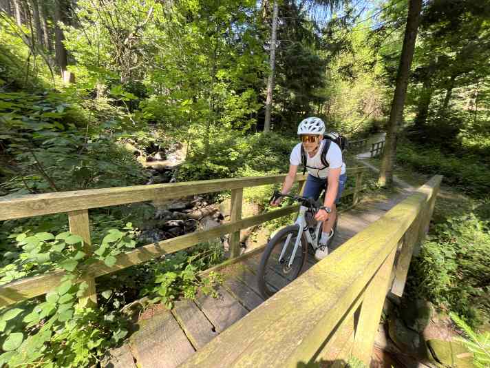 We cross streams on wooden bridges. In search of the strawberry hole.