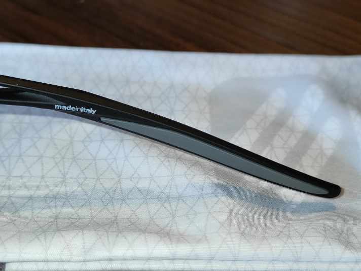 Gummierte Bügelenden halten die Rudy-Brille sicher am Platz, auch wenn der Scheiß in Strömen fließt.