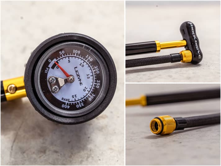 With a diameter of 36 mm, the pressure gauge is somewhat small. The short valve head is identical to the digital pump and is not ideal for low-lying valves. Here too, the hose can be fixed to the handle.