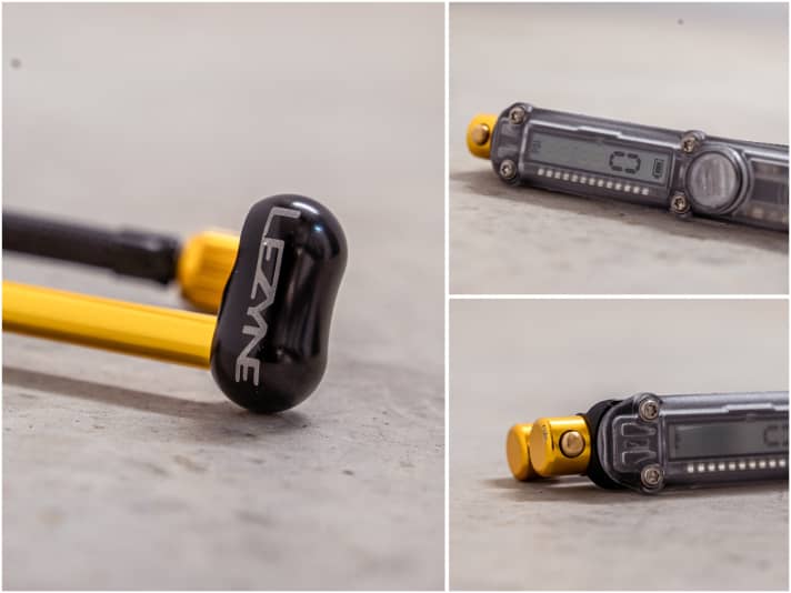 Der knubblige Griff liegt nicht optimal in der Hand - gerade bei hohem Druck. Das Ablassventil ist leicht erreichbar, aber auch schnell mal aus Versehen gedrückt. Gewöhnungsbedürftig: Digitalmanometer in Hochformat