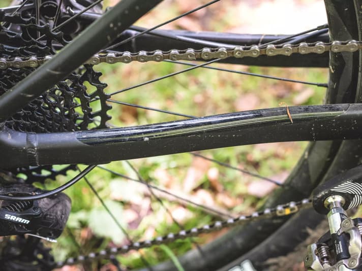 The chainstay protector on the Liv Embolden is a little tight. The chain hits the frame on the smaller sprockets.