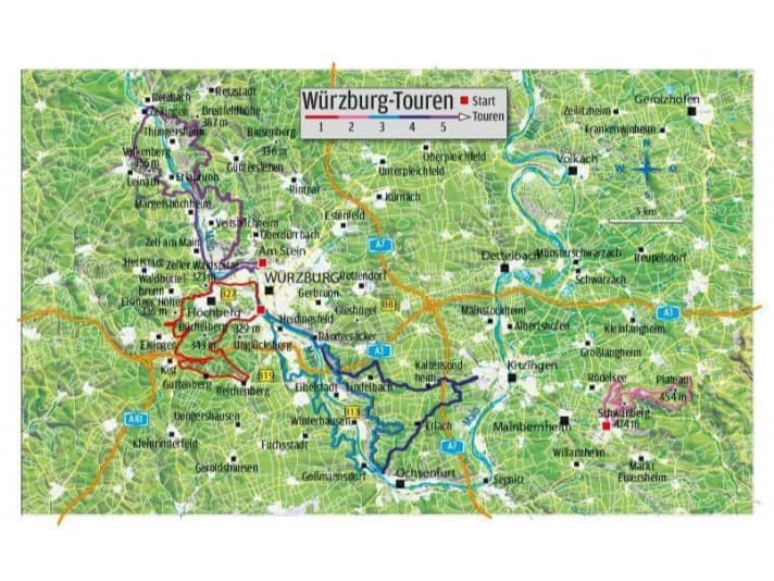The five MTB tours from the BIKE area guide around Würzburg in the overview map