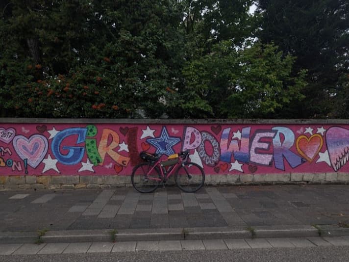 Arrival in Neustadt an der Weinstraße - I just had to stop here and take a photo of my bike in front of this wall.