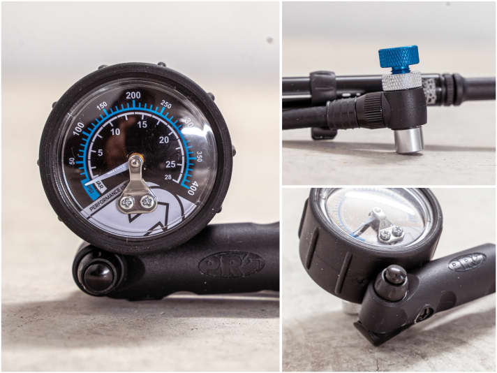 Die Skala reicht bis 400 psi und ist nicht wirklich exakt ablesbar. Der Ablassknopf ist so platziert, dass man ihn nur selten aus Versehen drückt. Der abgewinkelte Ventilkopf verfügt über eine Entkopplung, passt aber nicht auf alles Ventile.