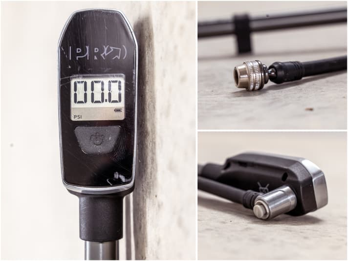 Das Display der Dämpferpumpe und die Oberfläche drumherum sind wenig kratzfest. Der kurze Ventilkopf ist flexibel gelagert, an tief liegende Ventile reicht er aber nur schwer ran. Das Druckablassventil ist gut erreichbar und sauber dosierbar