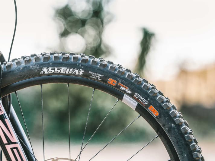 Rarely have downhill-orientated bikes been so consistently fitted with tyres as the models in this test. Maxxis tyres with a super grippy Maxxgrip rubber compound are fitted to the front of the Raaw and Last bikes. Pole, however, takes the choice of tyres to the extreme. Here you'll find Maxxis' grippiest tyres at the front and rear, complete with puncture-proof DoubleDown casing. And to top it all off, there are tubeless inserts from Huck Norris in the rim bed.