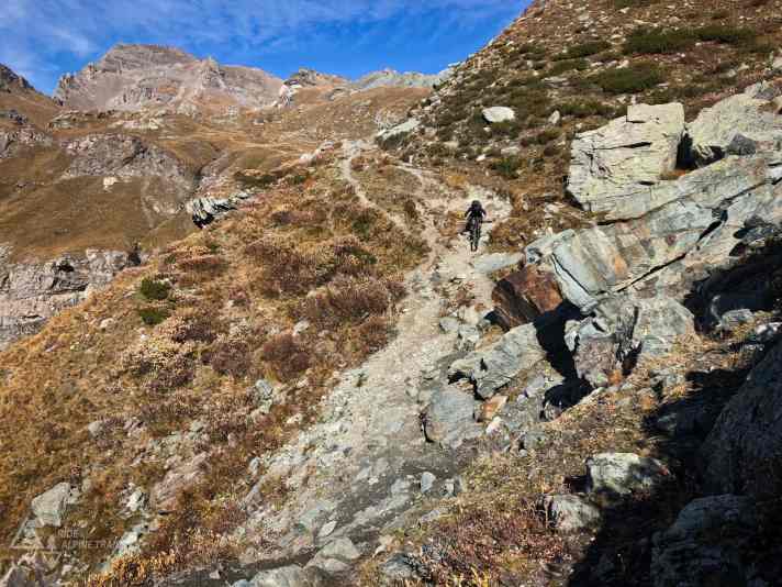 It starts soft and dusty, but soon leads into challenging tinkering sections: the Monte Roisetta Trail.