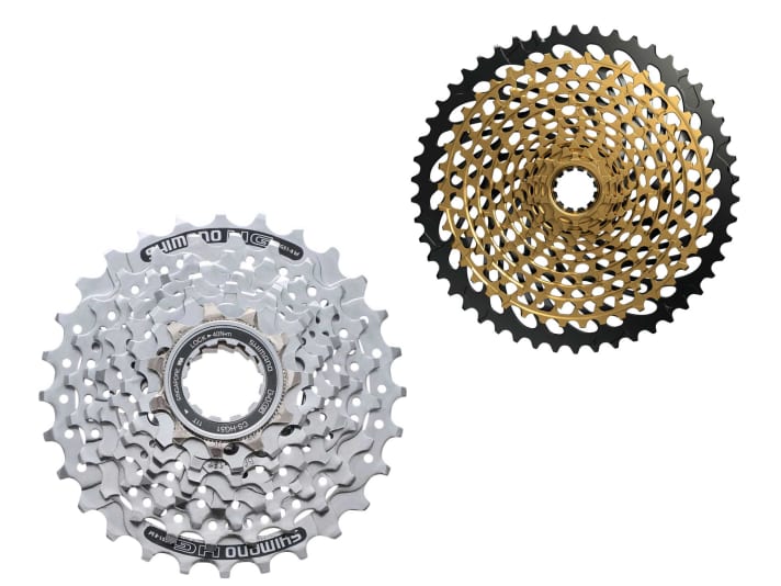 More gears = easier climbing. Kids should have 11 or 12 sprockets. But it doesn't have to be
be Eagle quality, as you can see in the picture on the right.